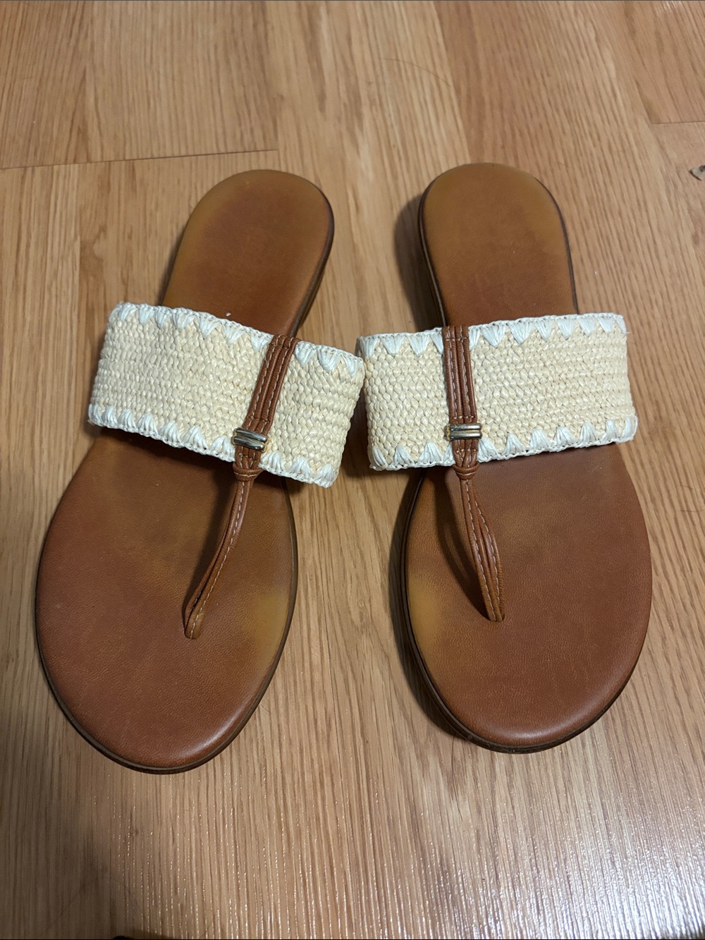 Italian Shoemakers Cream Woven and Brown Leather-Trim Thong Sandals